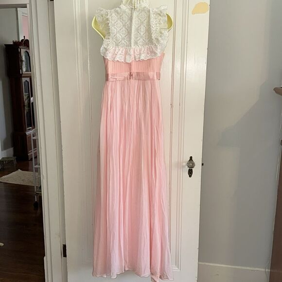 Vintage 60s/70s High Neck White Lace Pink Chiffon Pleated Prom Dress - Picture 6 of 9